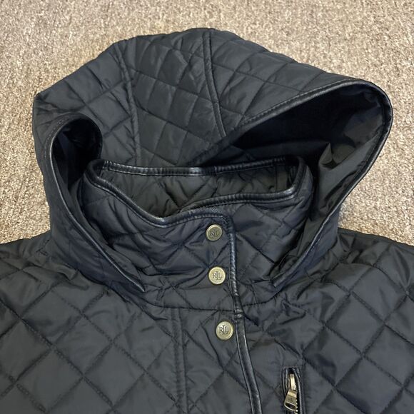 Lauren Ralph Lauren Jacket Women 0X Black Quilt Equestrian Spectator Hood Parka - Picture 11 of 14